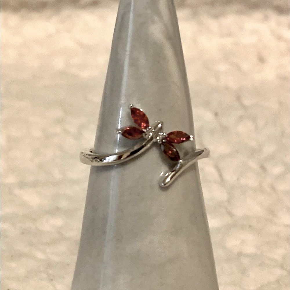 Sterling Silver Garnet CZ Dragonfly Ring